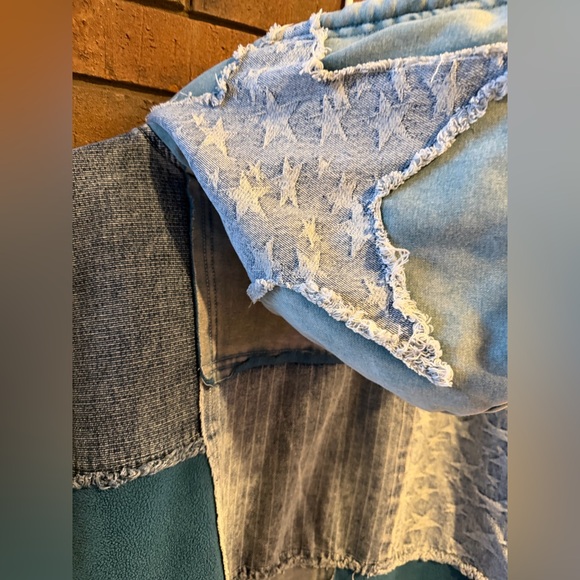 Oli & Hali Patchwork Hoodie in Blue and Gray denim stars small s oversized - Picture 3 of 7